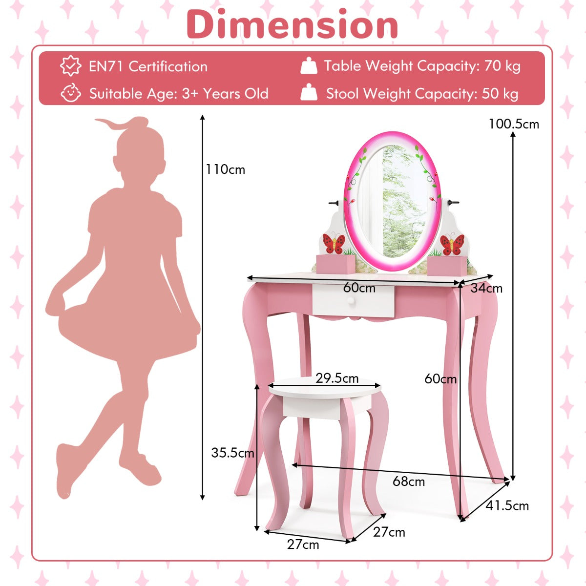 Childrens vanity set with rotating mirror and whiteboard, perfect for imaginative play and creativity.