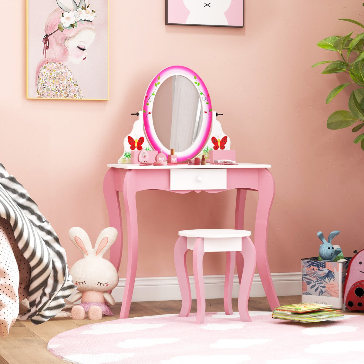 Kids vanity set with rotating mirror and whiteboard for imaginative play and styling fun.