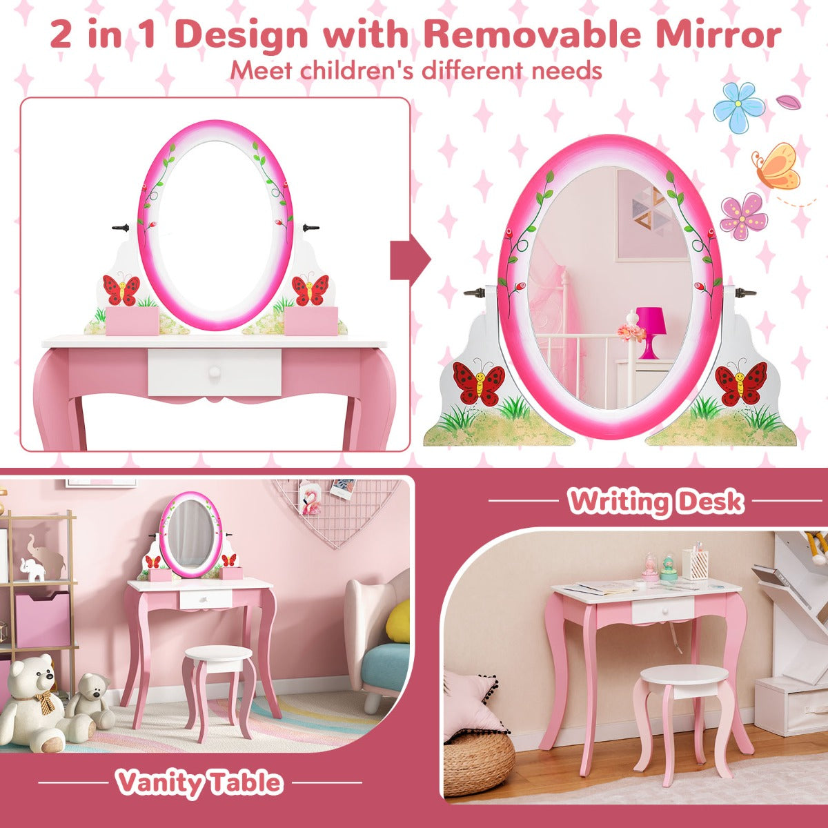 Kids makeup vanity with rotating mirror and whiteboard for creative play and pretend glam styling.