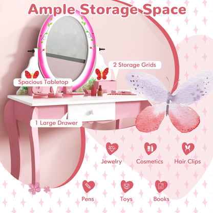 Kids makeup vanity set with rotating mirror and whiteboard for imaginative play and fun grooming.