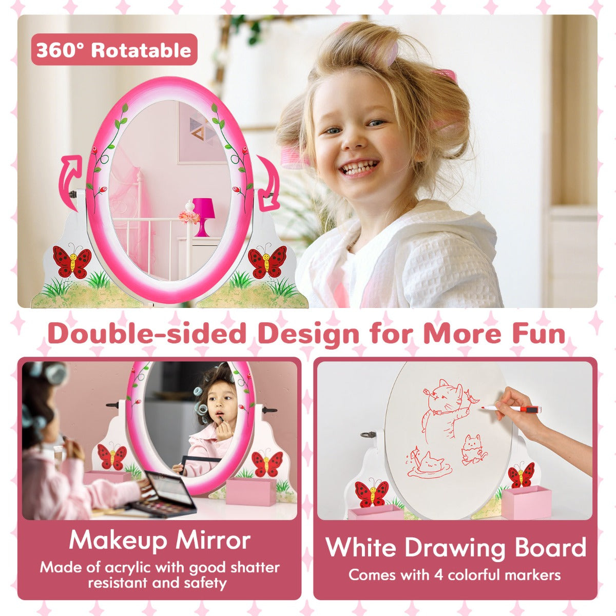 Childrens makeup vanity set with rotating mirror, whiteboard - perfect for imaginative play.