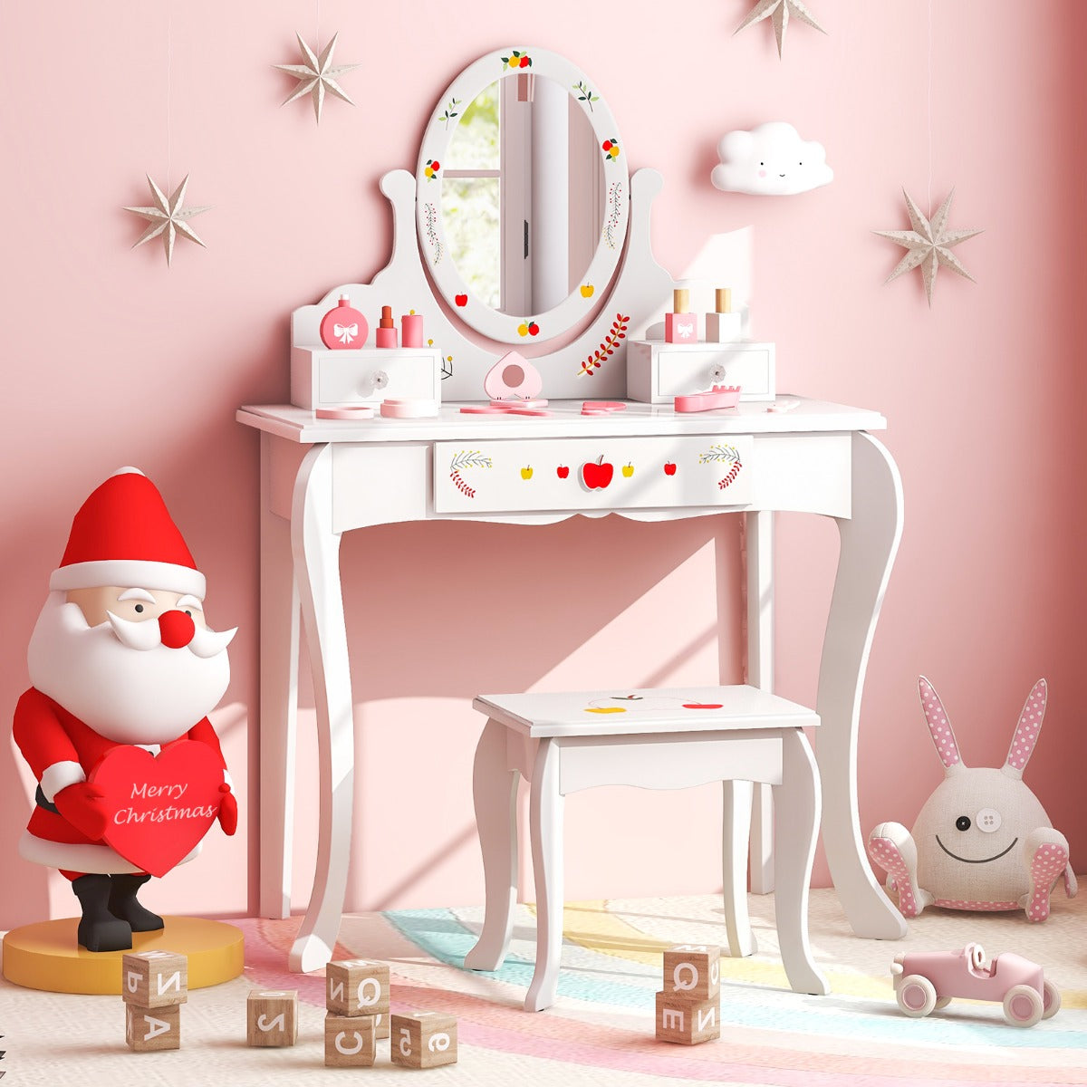 Kids vanity set with mirror and whiteboard, fostering creativity and imagination for ages 3+