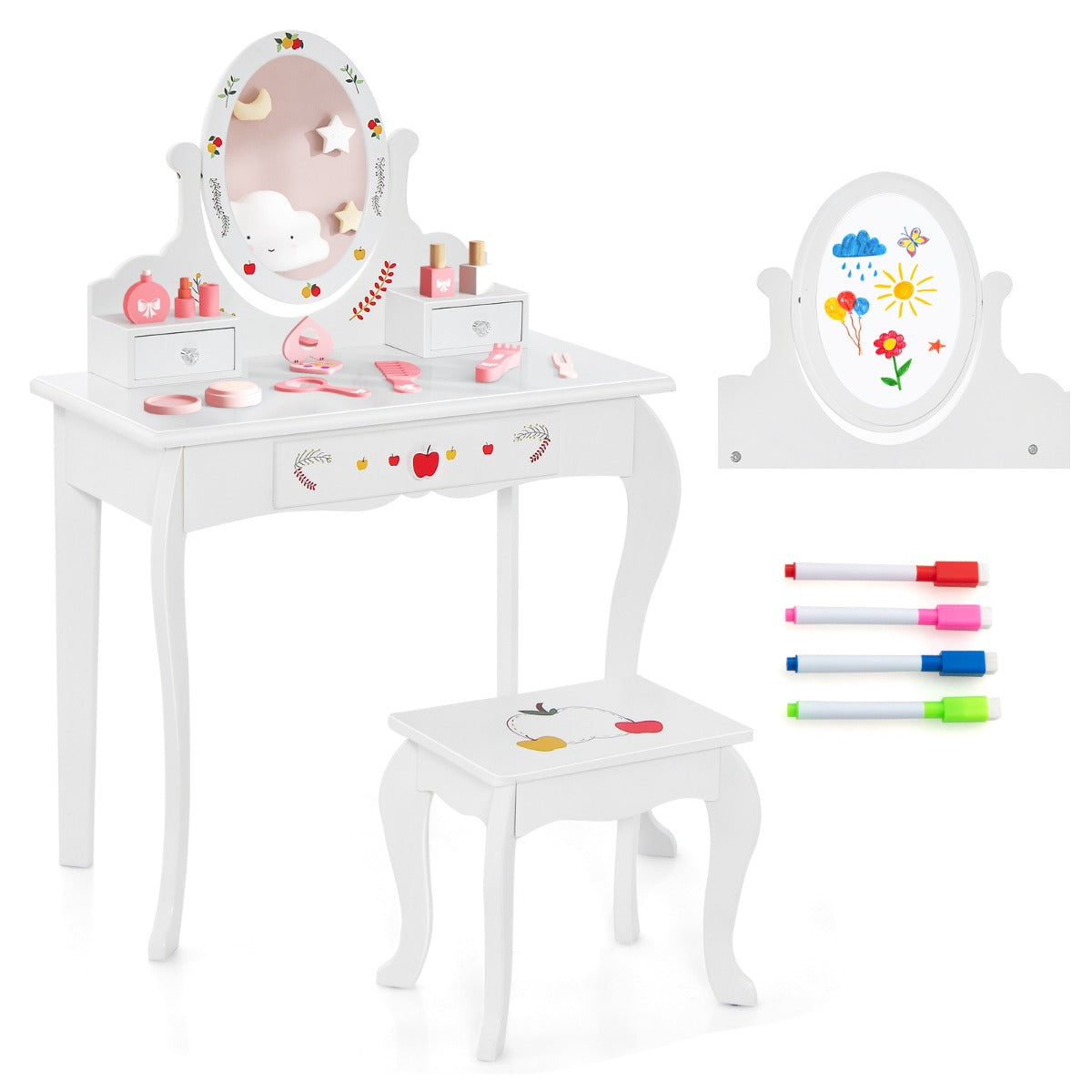 Kids Vanity Set with Mirror and Whiteboard, ideal for creative play and grooming activities.