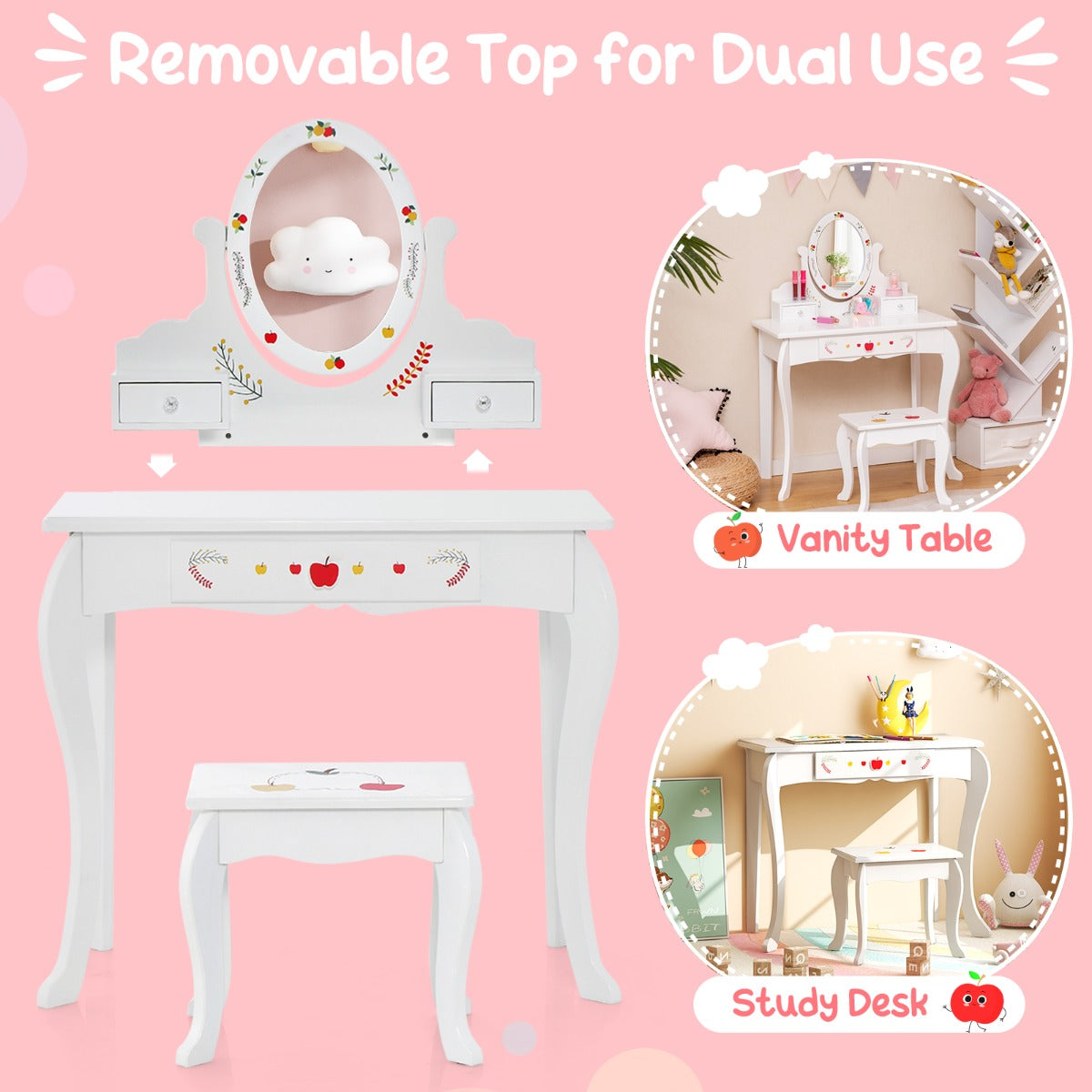 Kids whiteboard vanity set with mirror for imaginative play and creative learning at home.