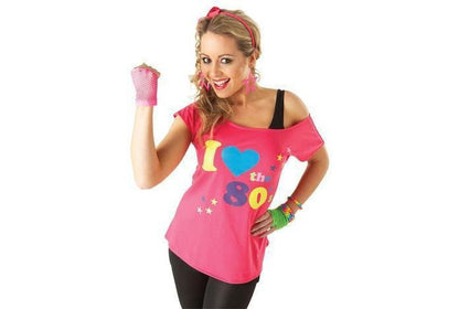 Pink off-shoulder t-shirt with retro 80s theme for adults. Fun and stylish fashion statement.