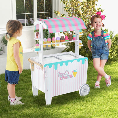 Wooden ice cream cart toy with accessories for kids role play at home.