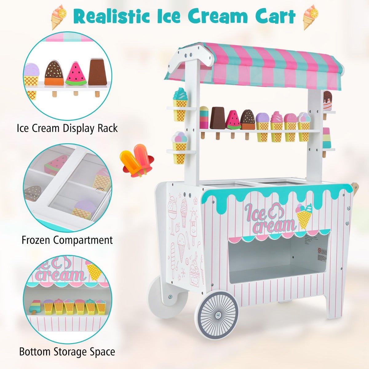 Kids wooden ice cream cart toy with play accessories for imaginative role play at home.