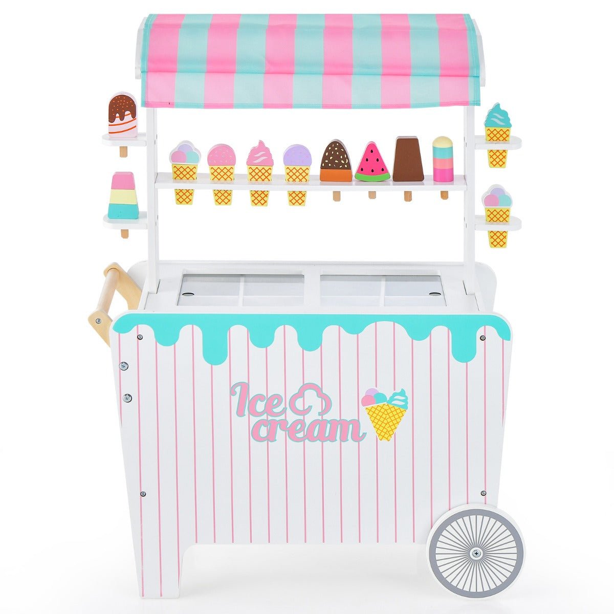 Wooden ice cream cart toy with accessories for immersive kids role play at home.