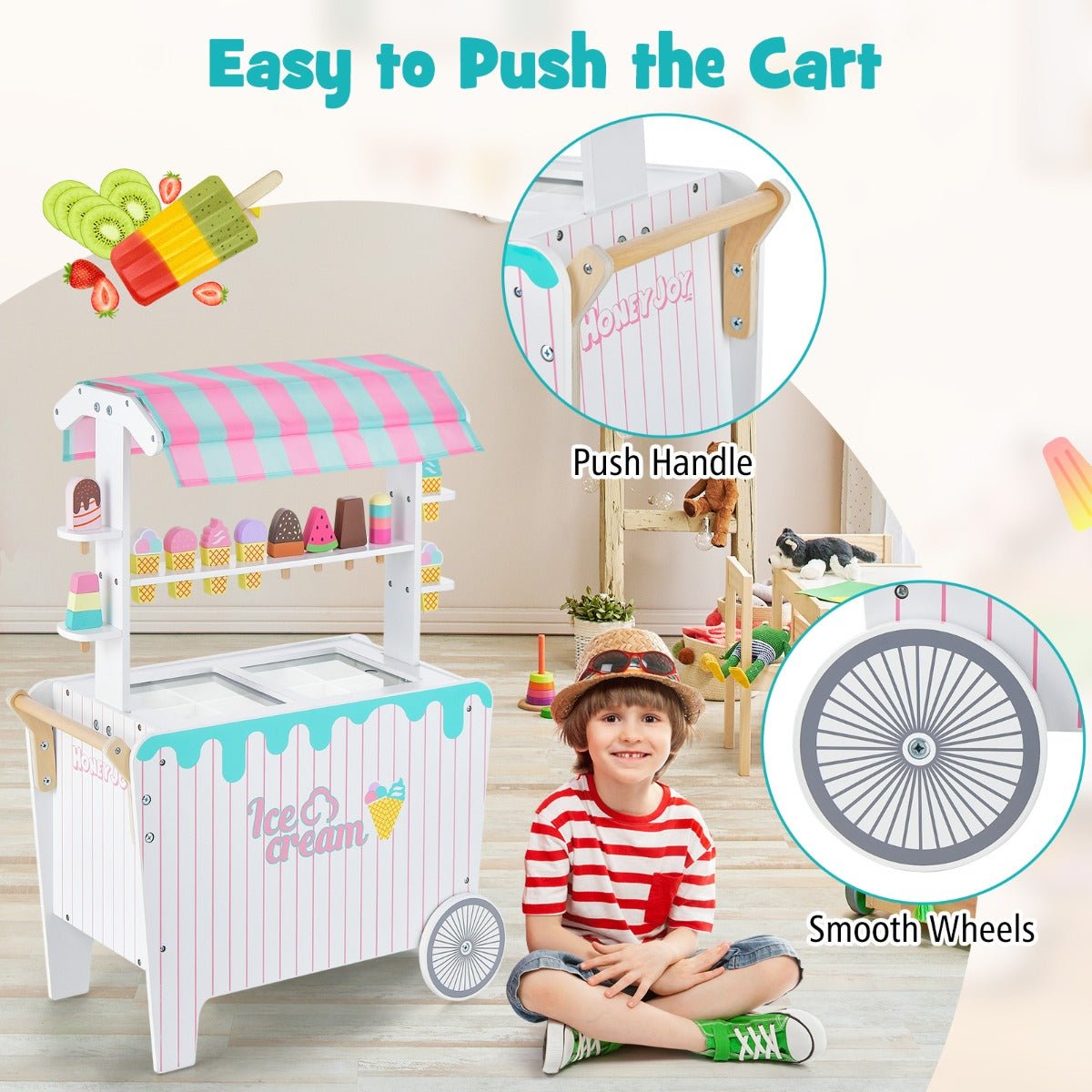 Wooden ice cream cart toy with play accessories for kids imaginative role-playing at home.