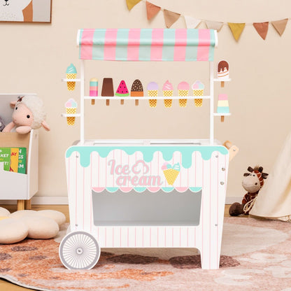 Role-play wooden ice cream cart toy with accessories for kids imaginative home fun.