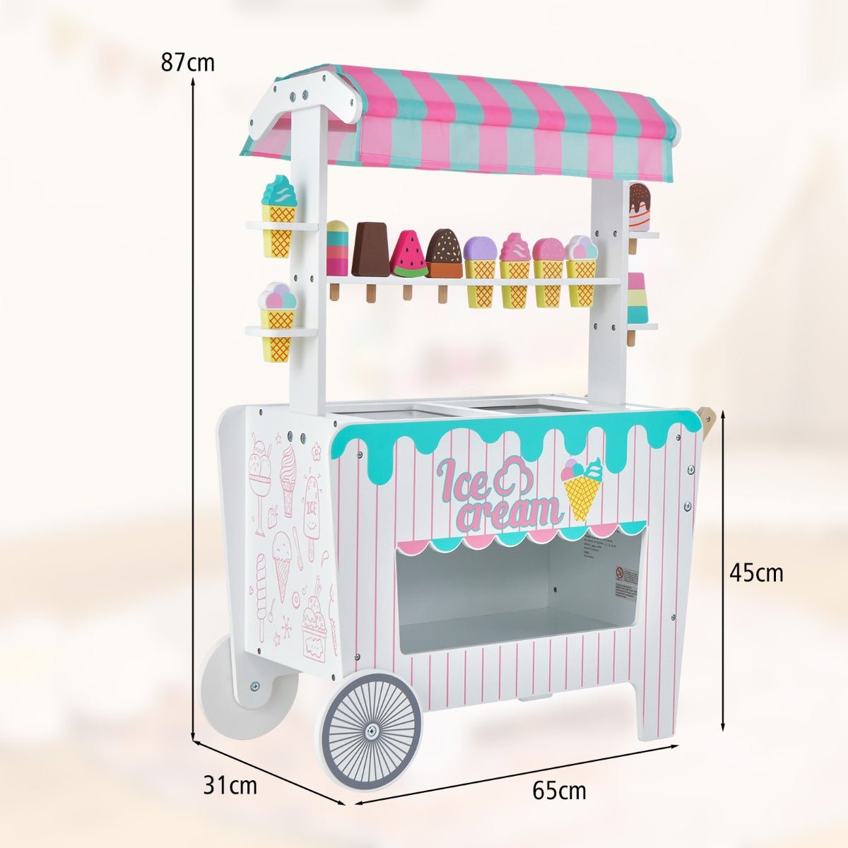 Wooden ice cream cart toy with accessories for interactive kids role play at home.