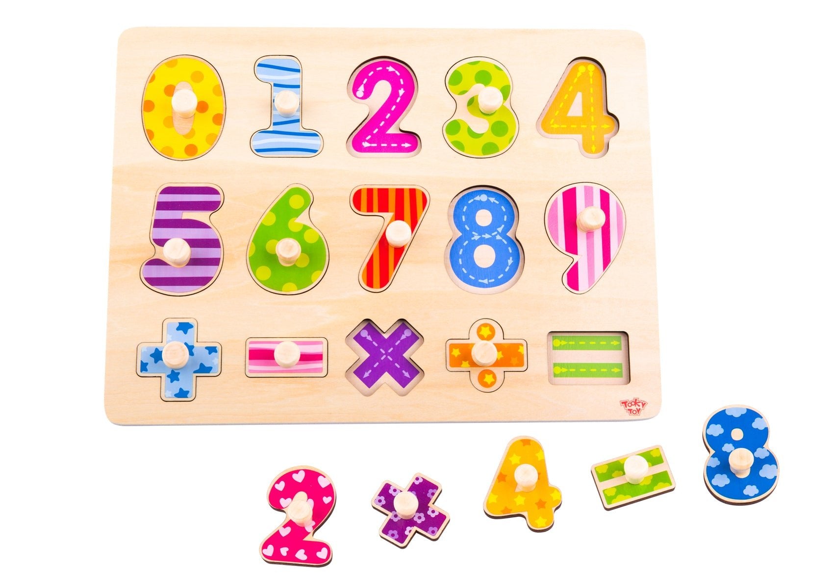 Tooky Toy Wooden Numbers Maths Peg Puzzle- Develop counting & visual perception skills with 16 painted wooden pieces and knobs