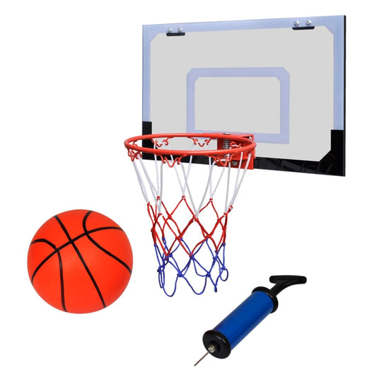 Indoor mini basketball hoop set with ball and pump for kids home play.