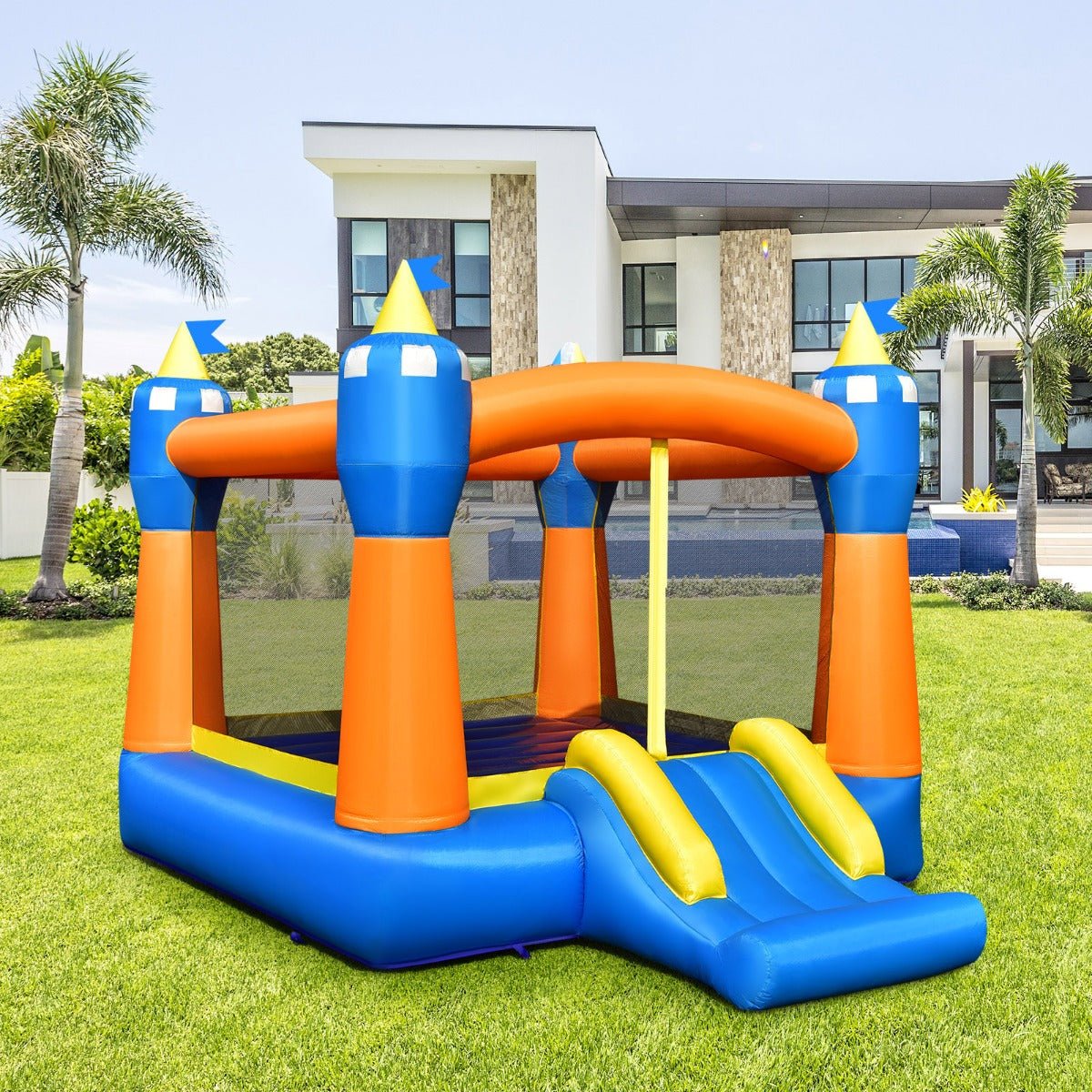 Kids Inflatable Play Area with Slide & Basketball Hoop - Air Blower Not Included