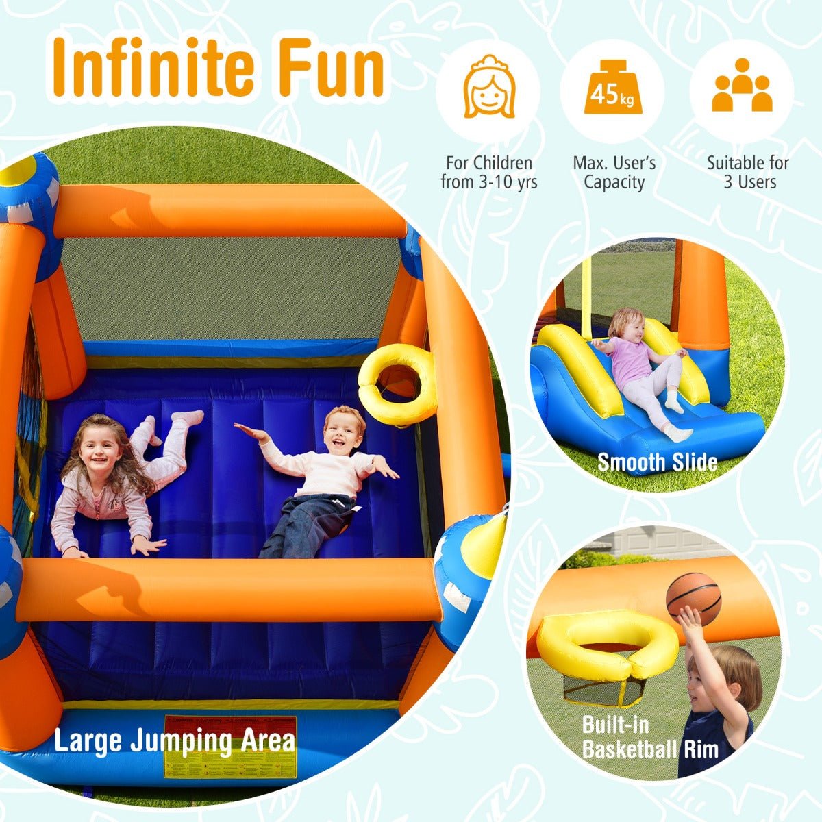 Inflatable Playland with Slide & Basketball Rim - Bounce House (Air Blower Excluded)