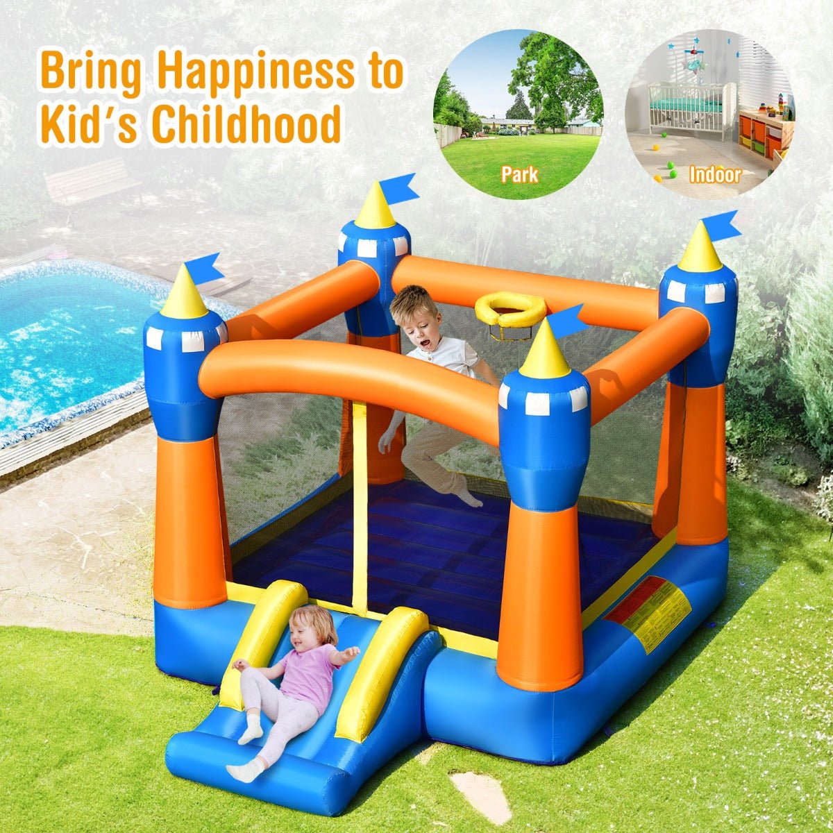 Kids Bounce House with Slide & Basketball Hoop - Inflatable Fun (No Blower)