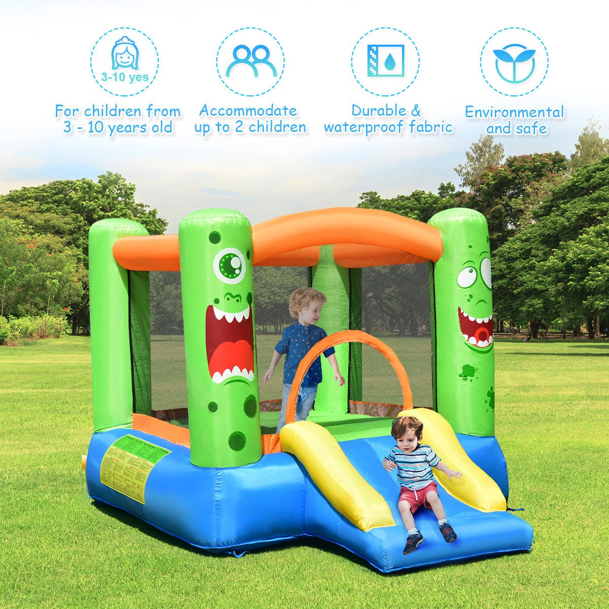 Playtime Excitement: Inflatable Bounce House with Basketball & Slide for Kids