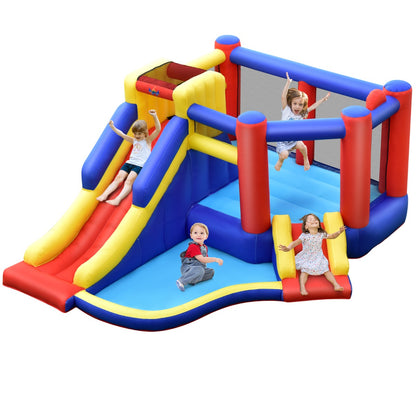 Inflatable bouncy castle with slides and ball pit for kids exciting playtime at home.