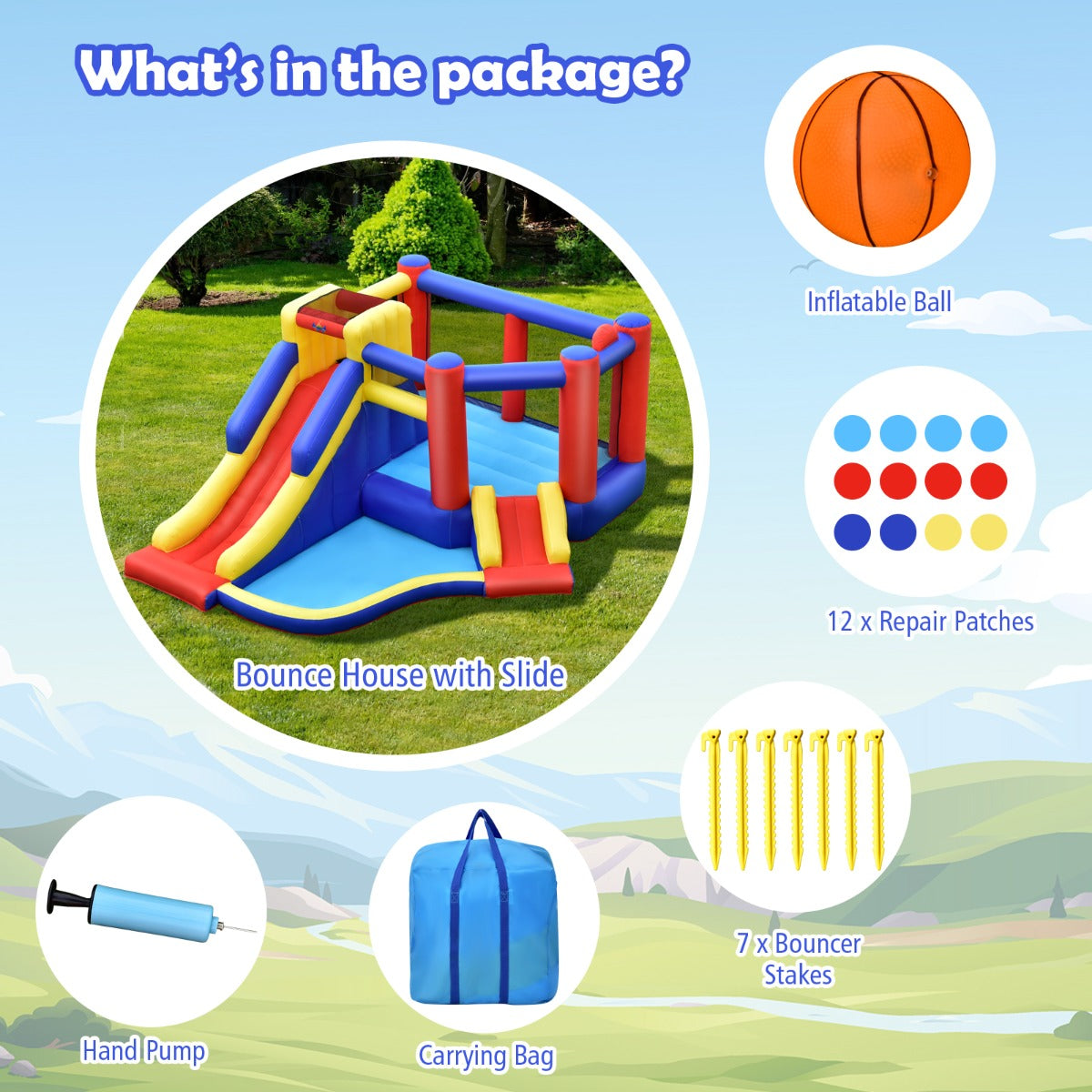 Inflatable bouncy castle with slides and ball pit for kids active indoor play.