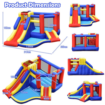 Kids inflatable bouncy castle with slides and ball pit for at-home fun activities.