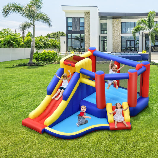 Colorful inflatable bouncy castle featuring slides and ball pit for kids playful entertainment.