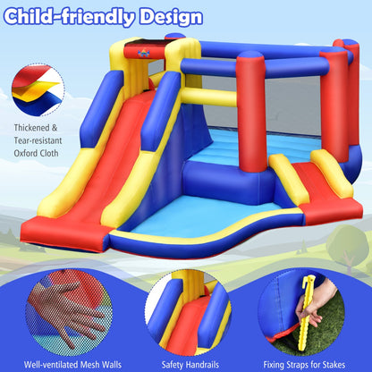 Inflatable bouncy castle for kids with slides and ball pit, perfect for backyard fun.