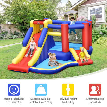 Colorful inflatable bouncy castle featuring slides and ball pit, perfect for kids backyard fun.
