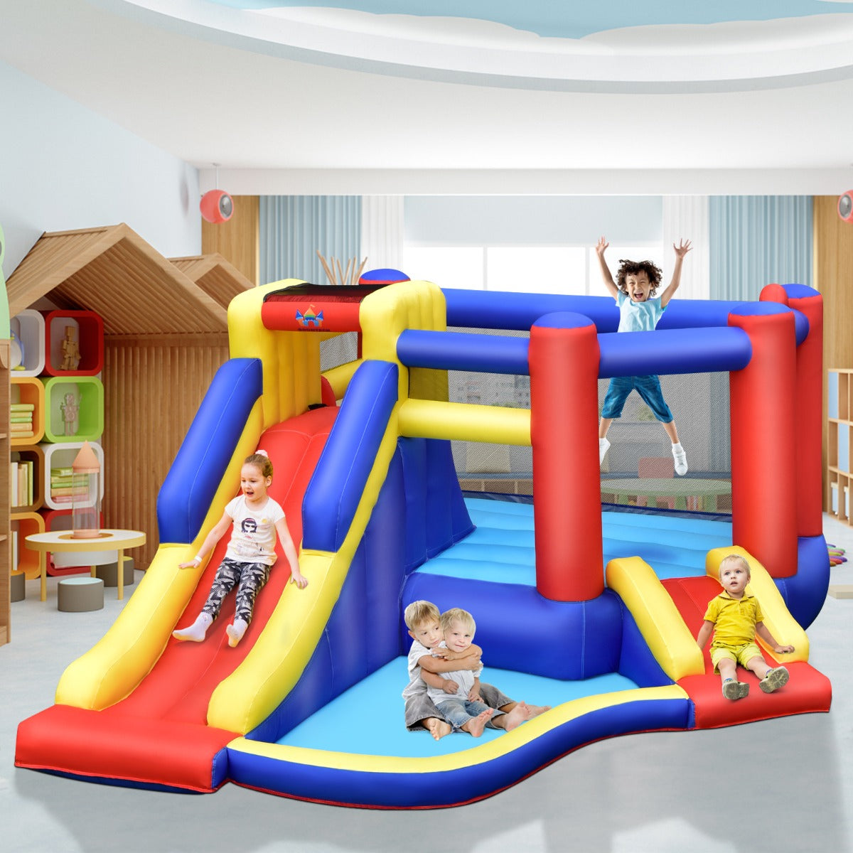 Inflatable bouncy castle offers slides and ball pit, perfect for kids backyard fun.
