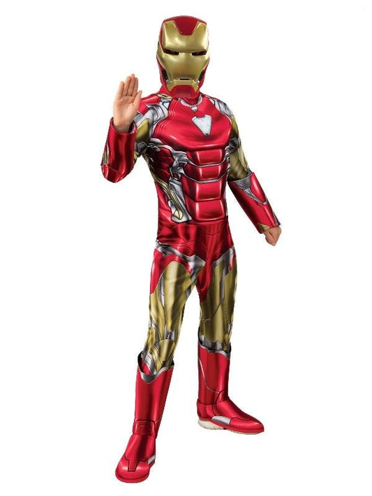 Iron Man kids costume with armored jumpsuit and mask for imaginative play at home.