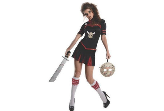 Halloween Jason Voorhees cheerleader costume for adults, perfect for spooky home dress-up fun.