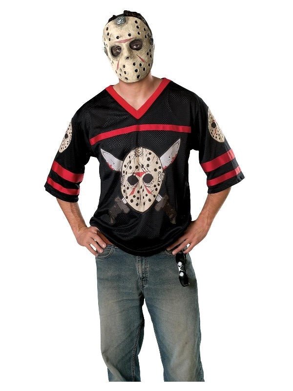 Jason Friday the 13th hockey jersey and mask set for kids spooky dress-up fun.