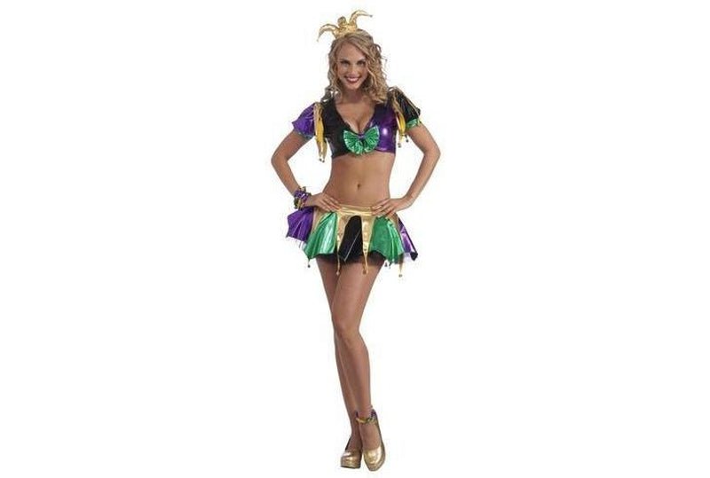 Adult jester costume set with metallic top and skirt, perfect for playtime fun at home.