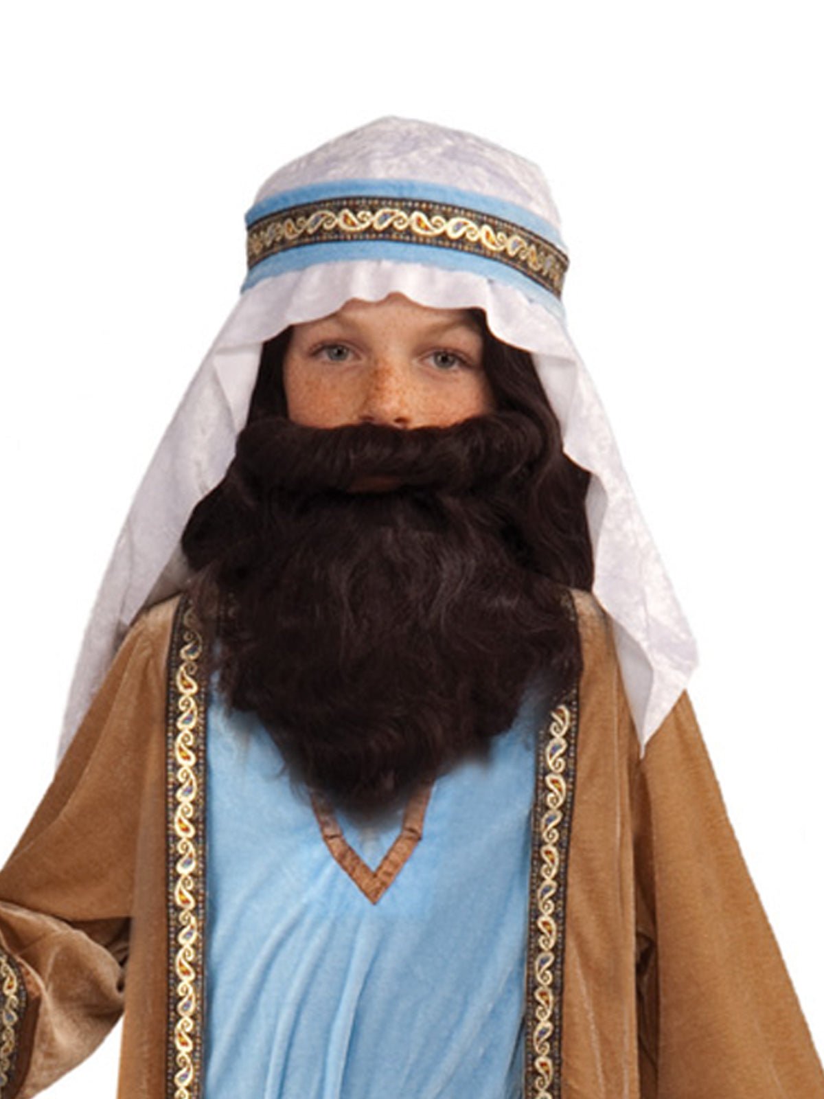 Kids Joseph Nativity costume with robe and headpiece for Christmas play or dress-up.