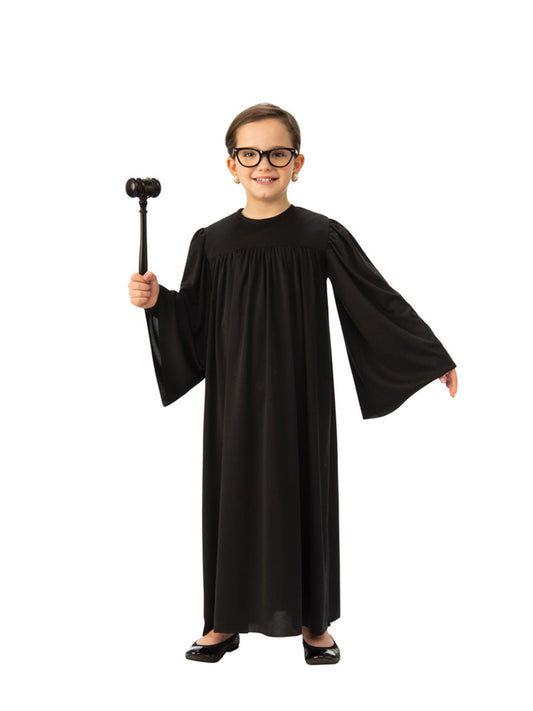 Childs black judge robe costume for Halloween dress-up, oversized fit for kids playtime.