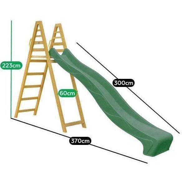 Green outdoor playground equipment with jumbo climb and slide for childrens fun at home.