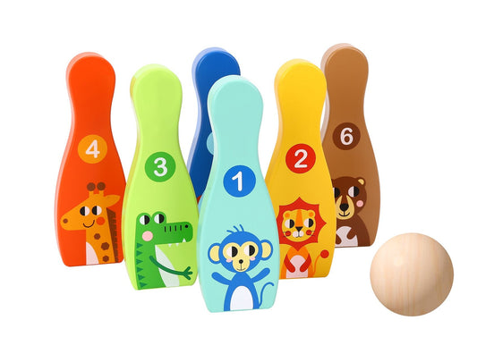 Colorful jungle bowling game set for kids, perfect for indoor playtime and family fun.