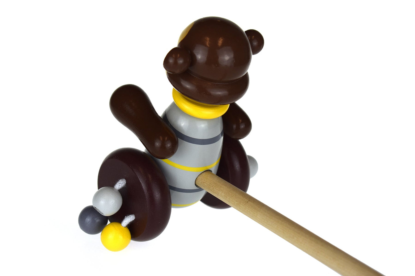 Colorful Jungle Jive Wooden Monkey Push Toy for active play in kids rooms.