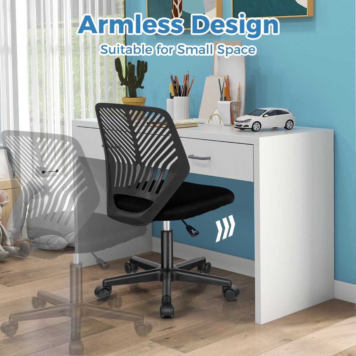 Black mesh kids office chair with adjustable height and wheels, perfect for study and play