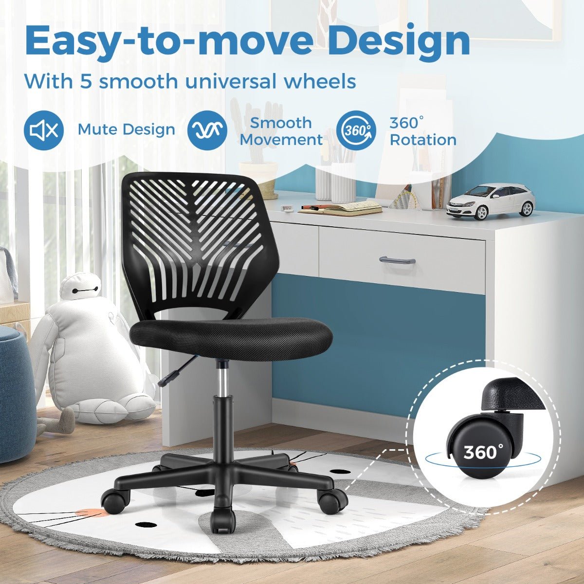 Adjustable kids mesh office chair in black with wheels | ideal for ergonomic home learning.