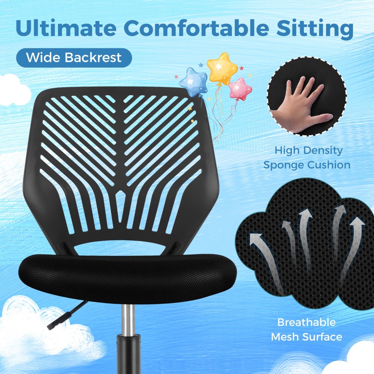 Kids adjustable black mesh office chair with wheels for comfortable home study space.