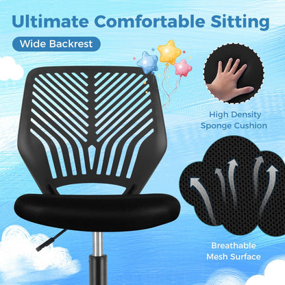 Kids adjustable black mesh office chair with wheels for comfortable home study space.