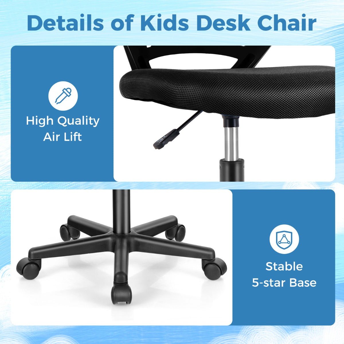 Black adjustable mesh office chair for kids with wheels, ideal for comfy homework station.