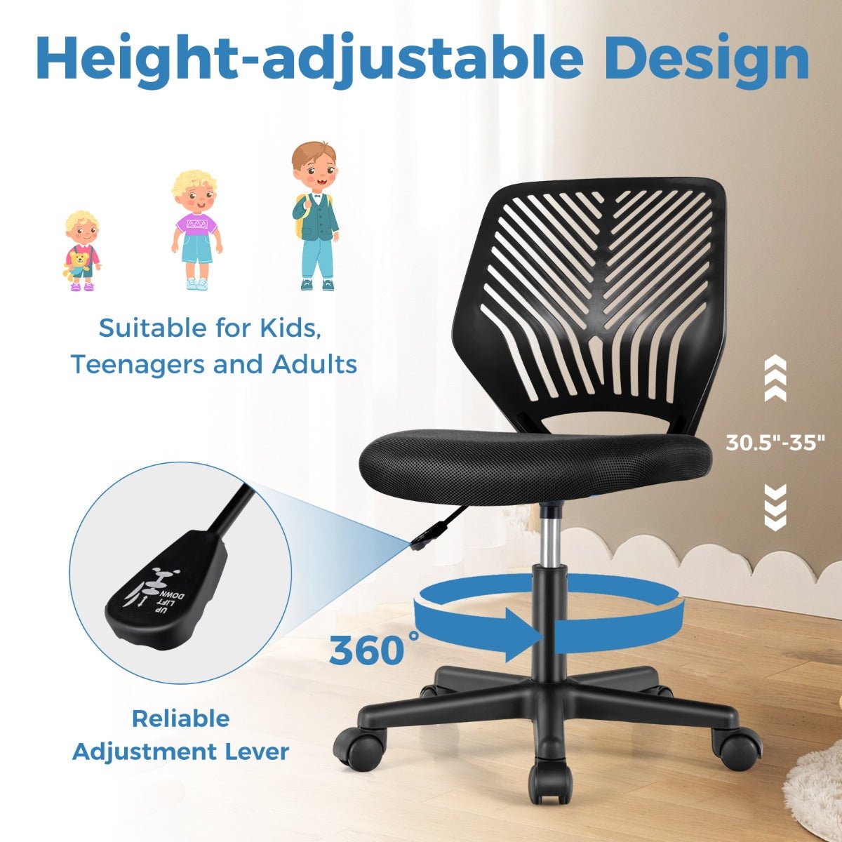 Black adjustable kids office chair with wheels, perfect for comfortable and ergonomic home studying.