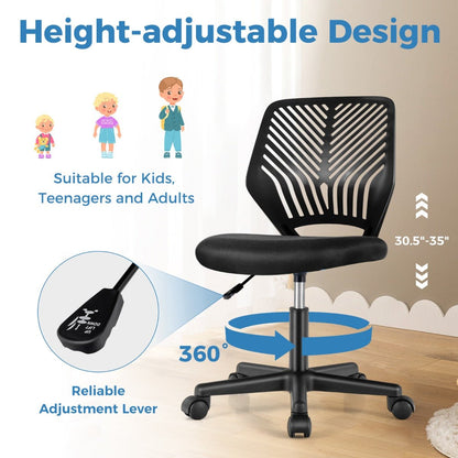 Black adjustable kids office chair with wheels, perfect for comfortable and ergonomic home studying.