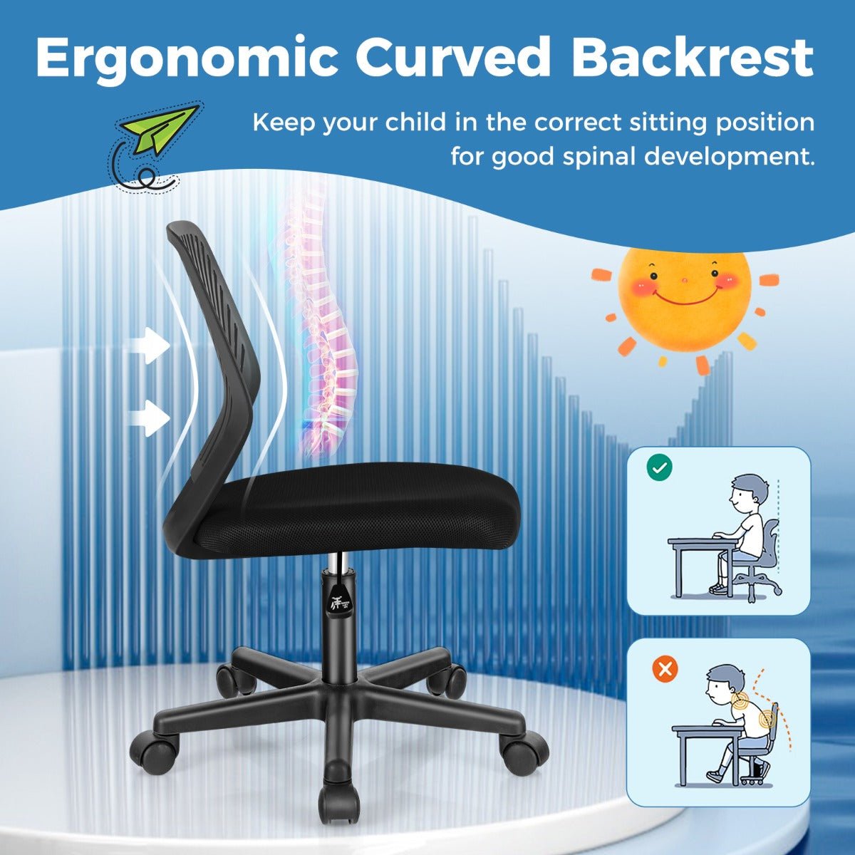 Black mesh office chair with adjustable height and wheels, designed for kids comfort at home.