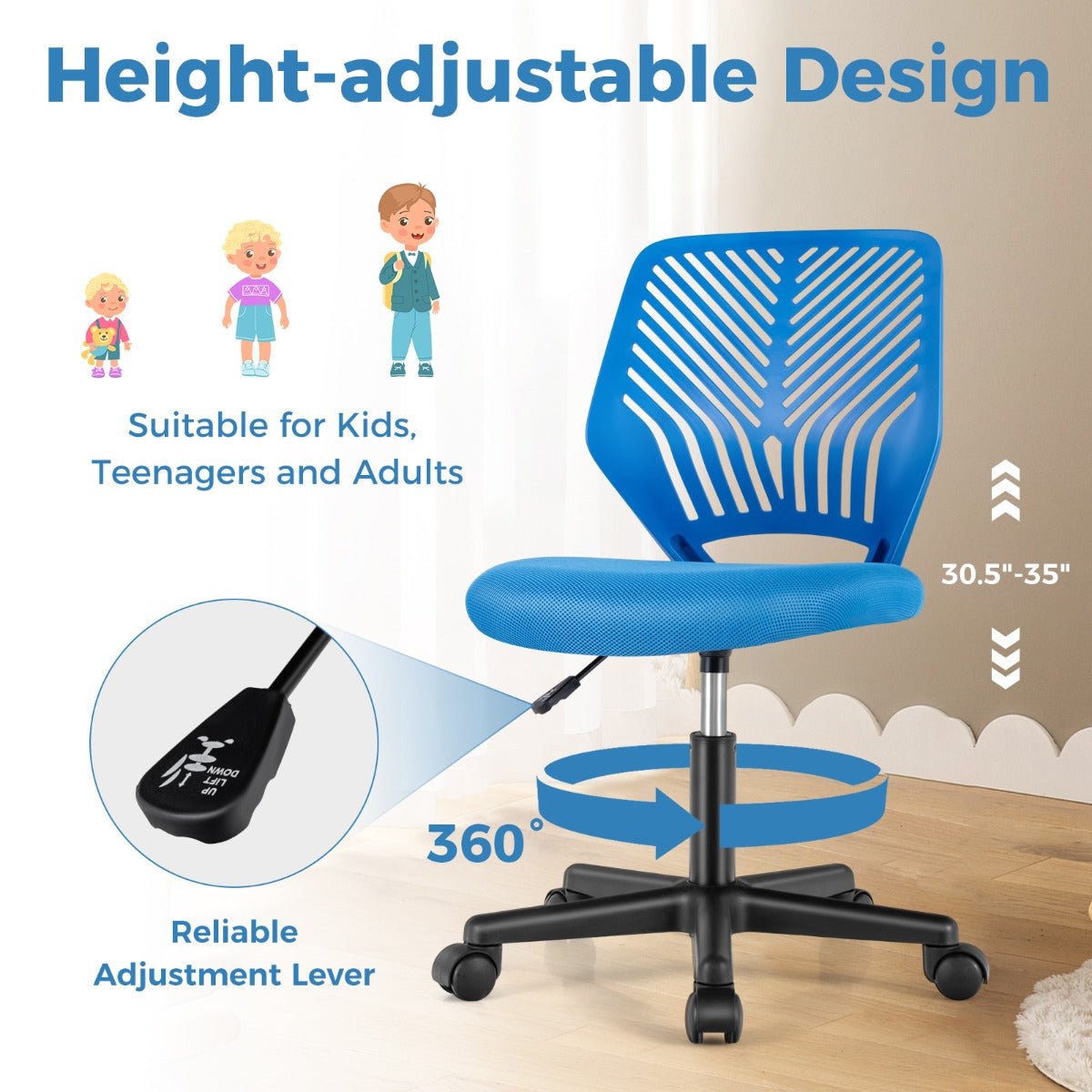 Blue Kids Mesh Office Chair with Wheels - Ideal for adjustable and ergonomic study space.