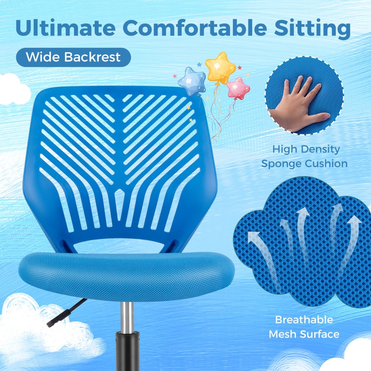 Blue Kids Mesh Office Chair with Wheels - Adjustable Height for ergonomic home workspace.