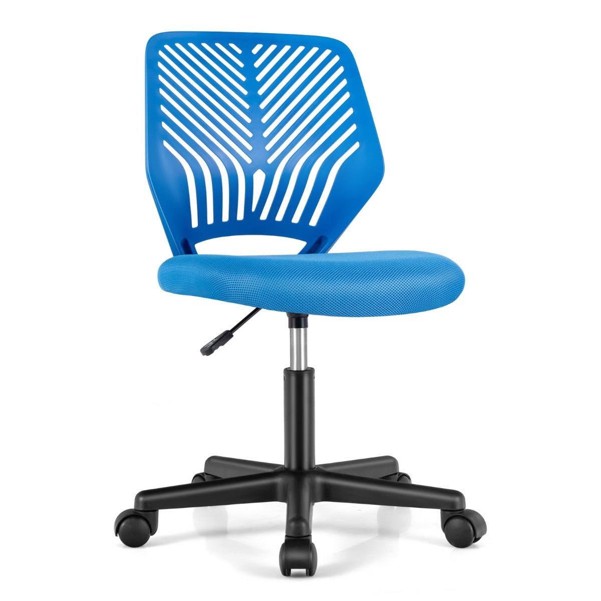 Blue kids mesh office chair with adjustable height and wheels, perfect for homework and play