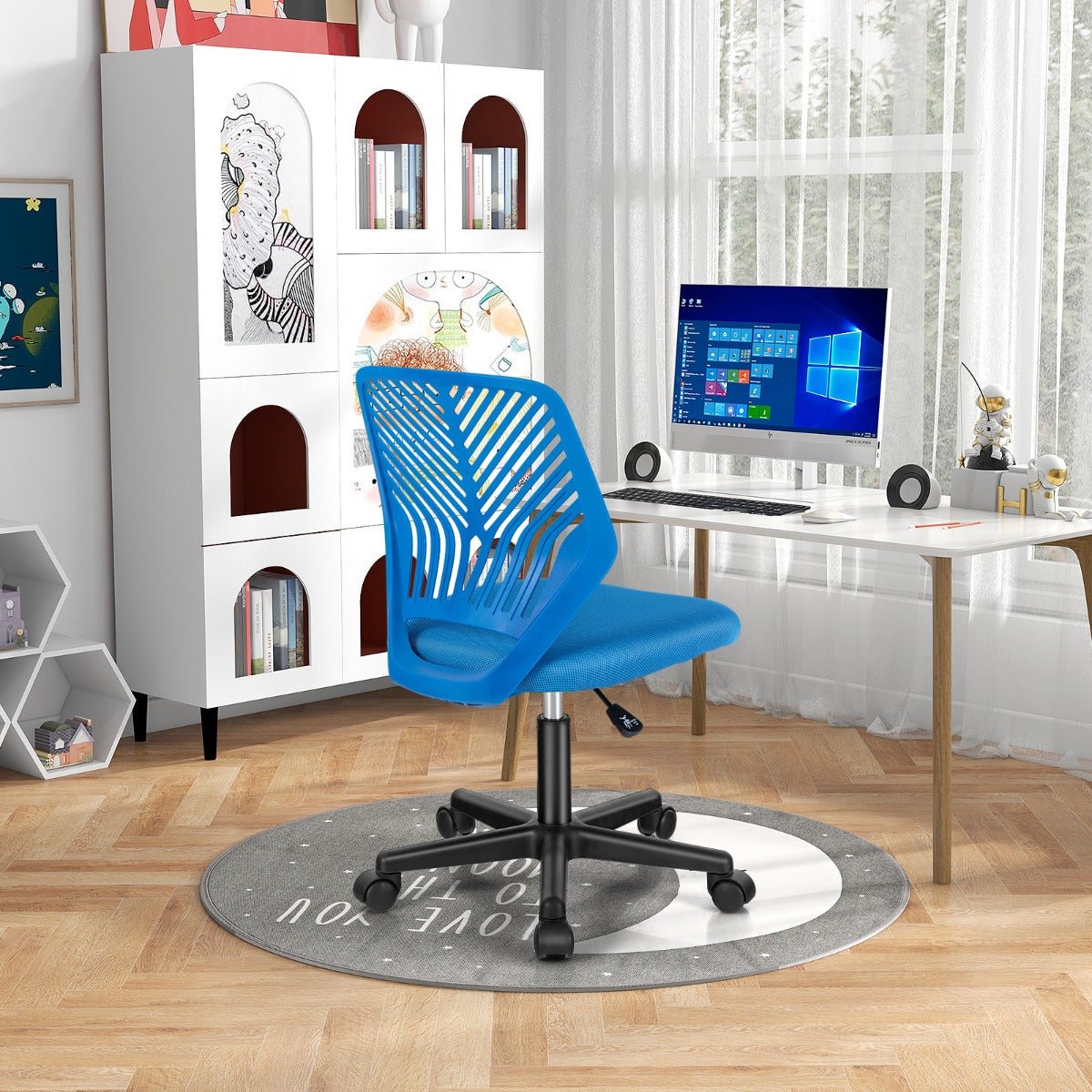 Blue adjustable height mesh office chair for kids with wheels, perfect for studying or gaming