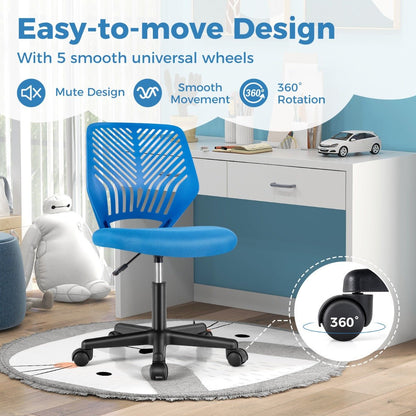 Blue kids mesh office chair with adjustable height and wheels for comfortable home study.